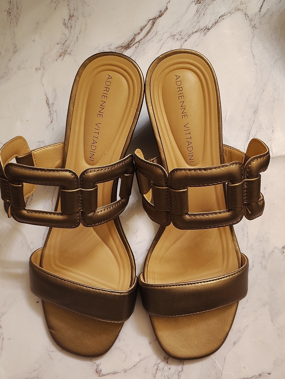 Adrienne Vittadini Bronze Buckle Slide Sandals